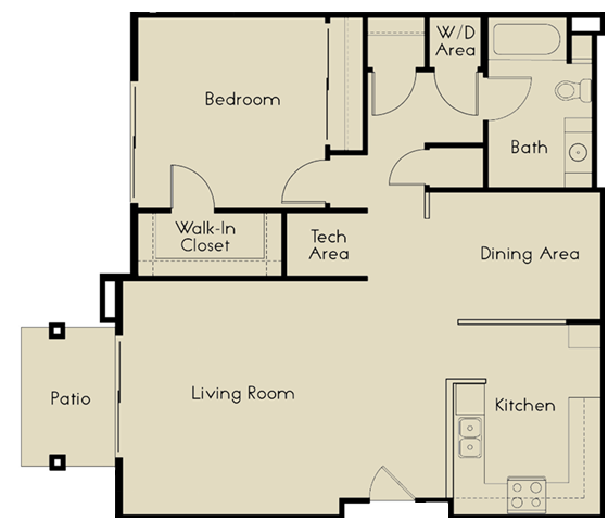Floor plan for 1 bed, 1 bath, 976 sqft